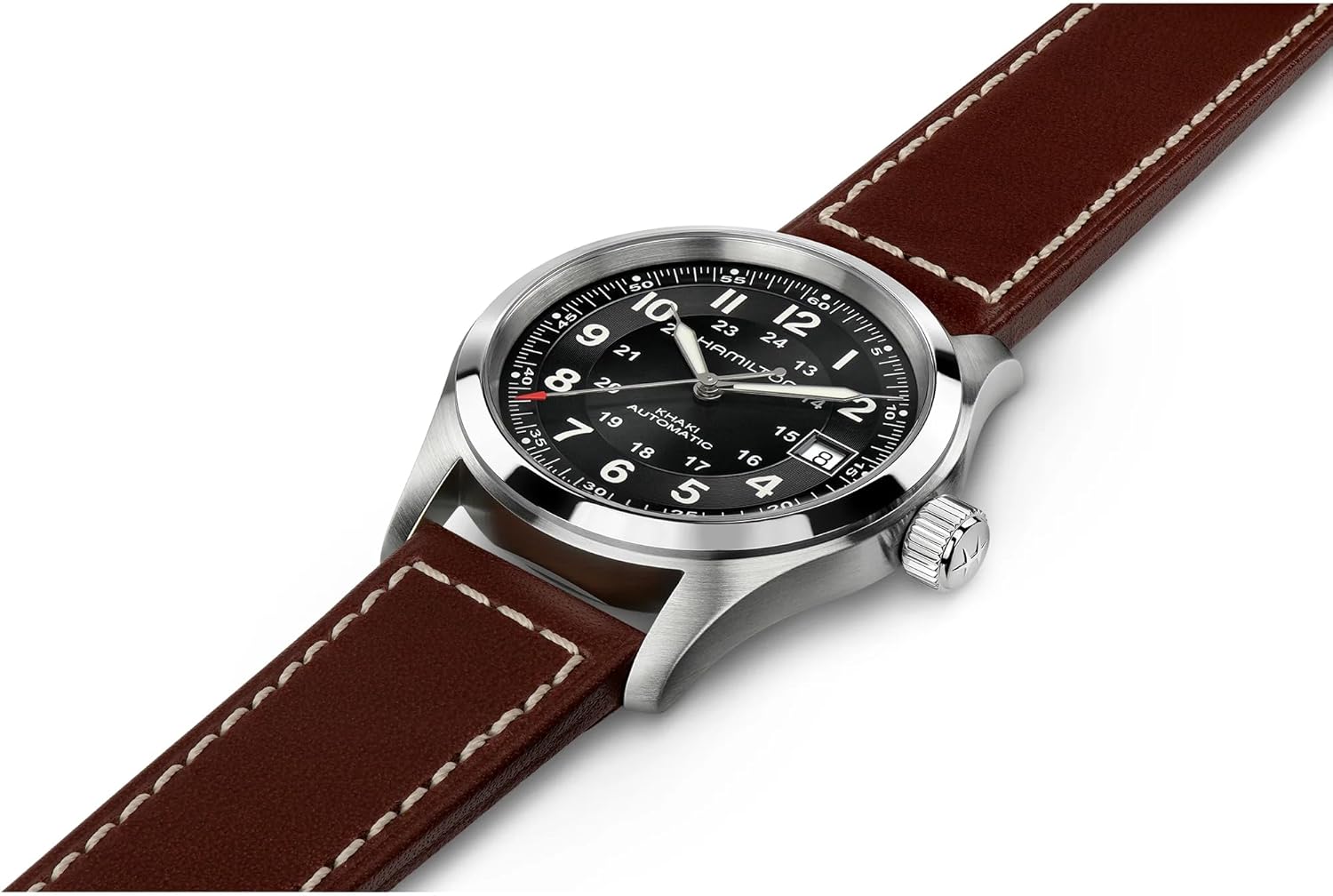 stainless steel field watch with black dial and leather strap, sapphire crystal — view 3