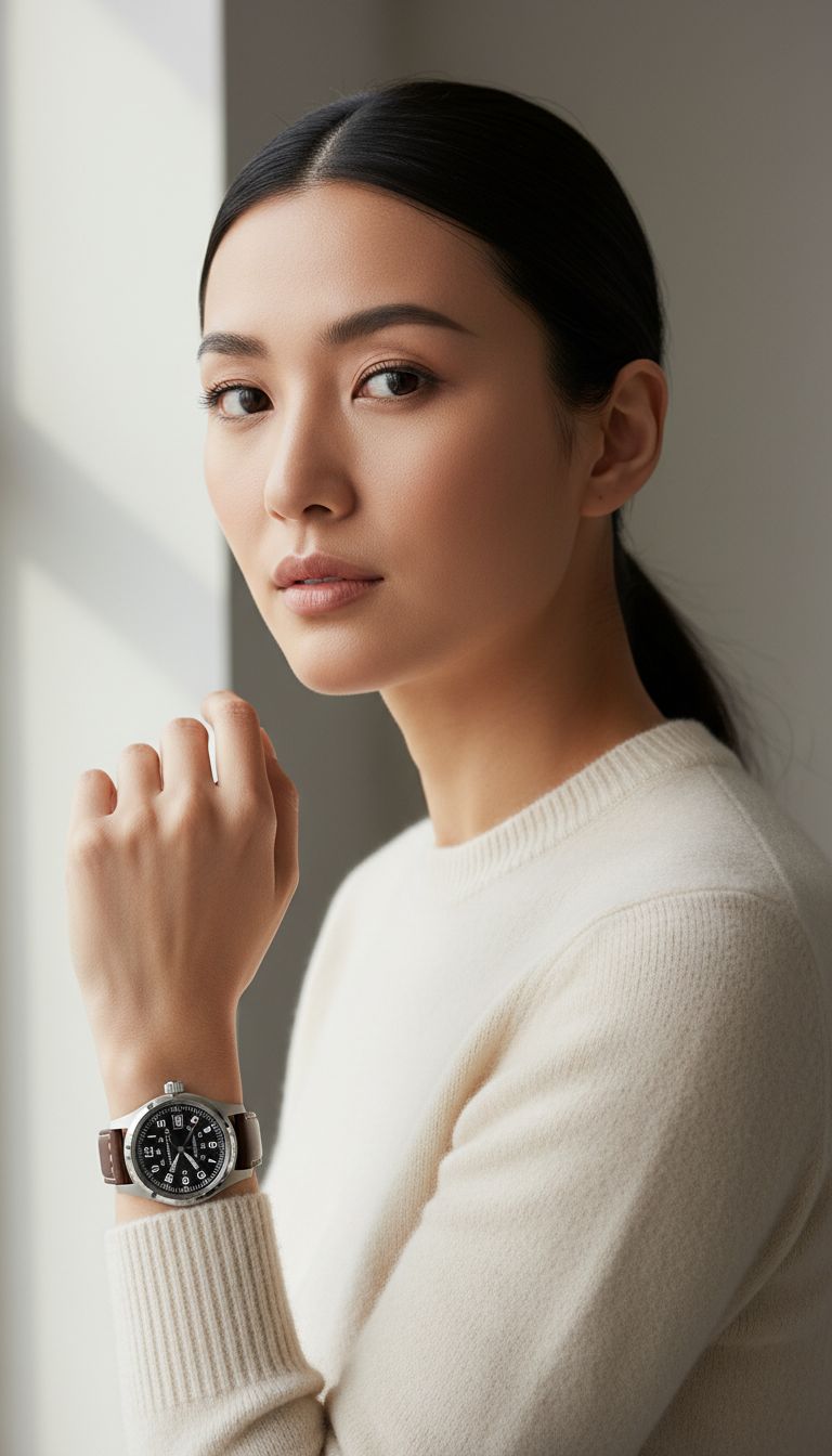 stainless steel field watch with black dial and leather strap, sapphire crystal — view 1
