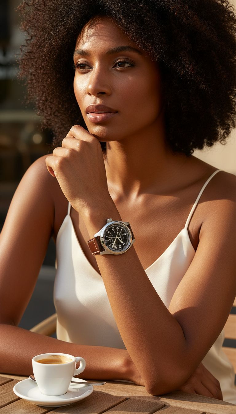 stainless steel field watch with black dial and leather strap, sapphire crystal — view 3