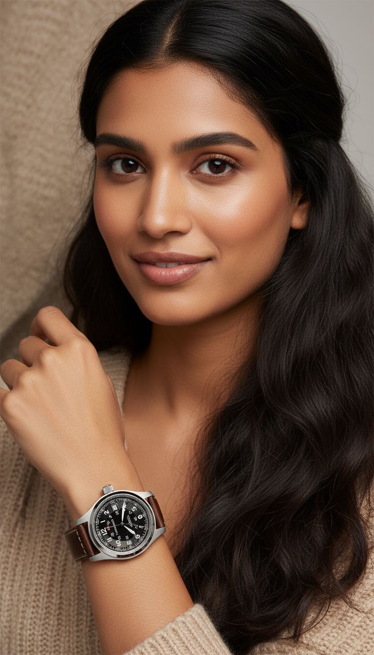 stainless steel field watch with black dial and leather strap, sapphire crystal — view 6