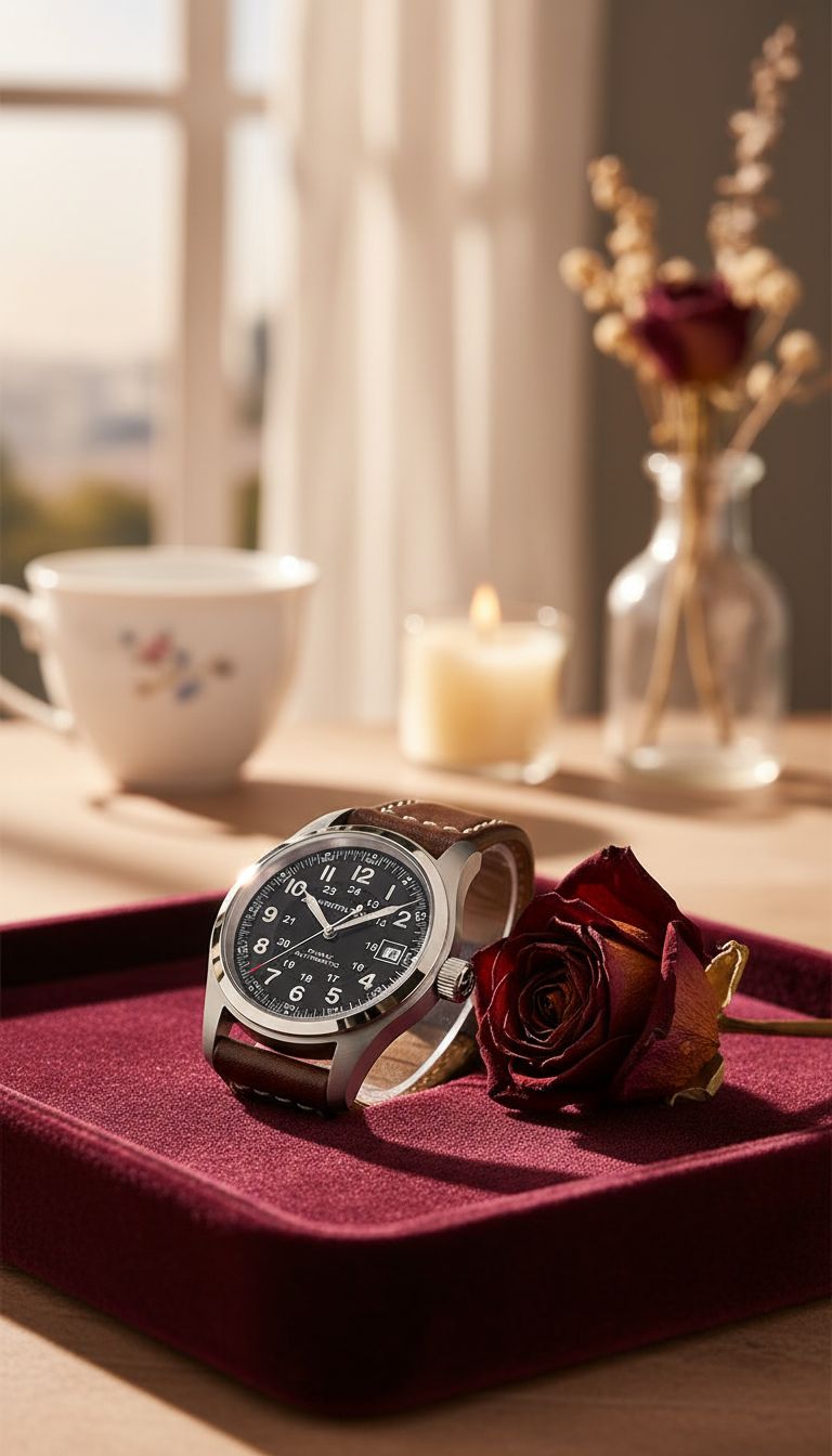 stainless steel field watch with black dial and leather strap, sapphire crystal — view 2