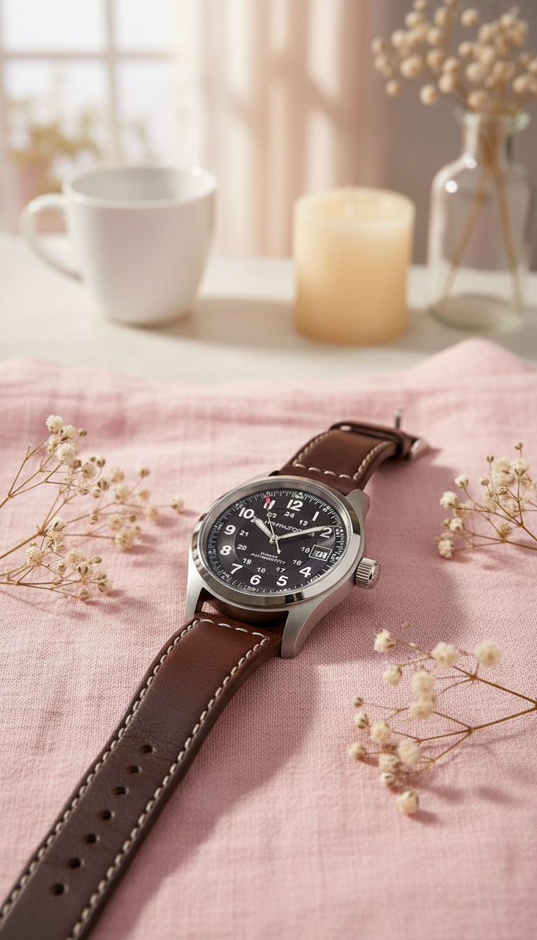 stainless steel field watch with black dial and leather strap, sapphire crystal — view 4