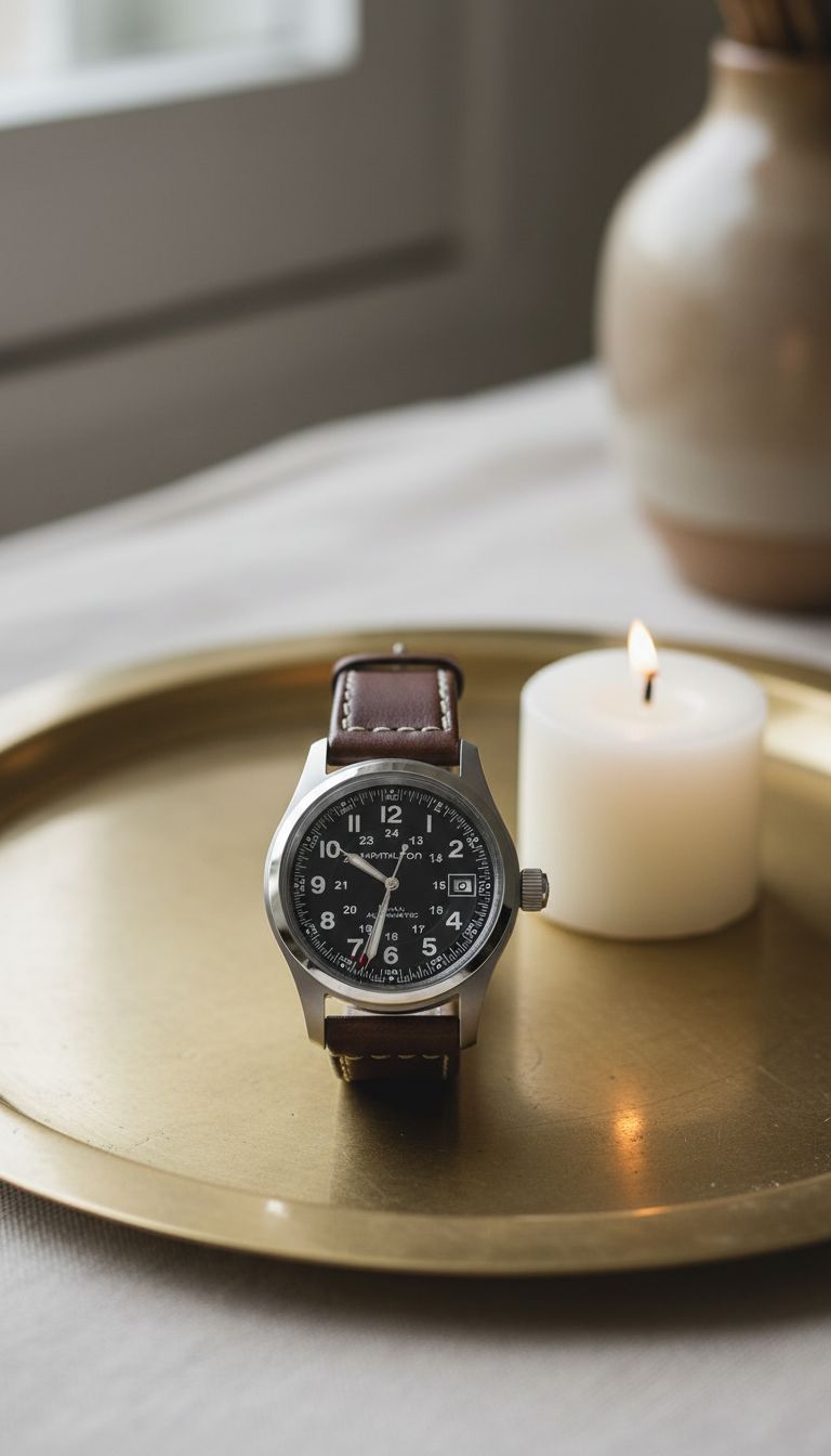stainless steel field watch with black dial and leather strap, sapphire crystal — view 3