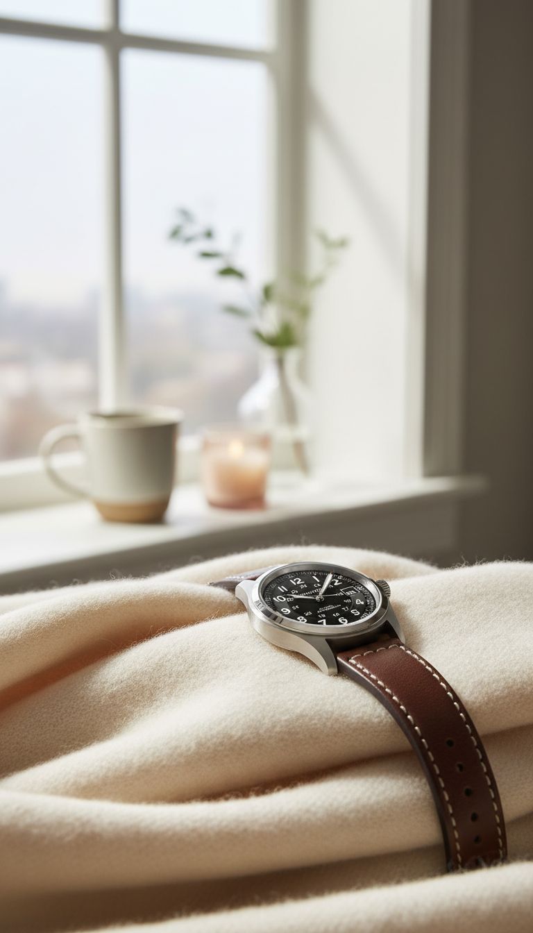 stainless steel field watch with black dial and leather strap, sapphire crystal — view 5