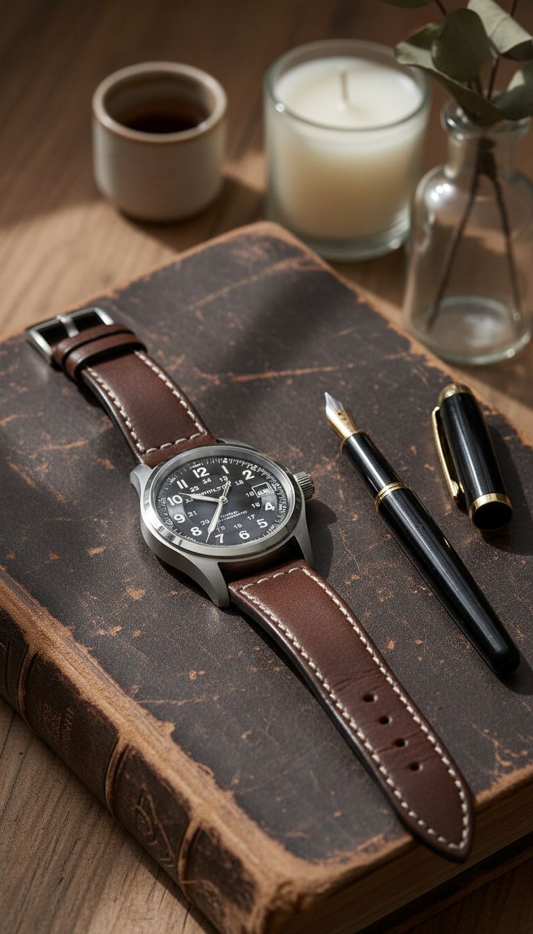 stainless steel field watch with black dial and leather strap, sapphire crystal — view 7