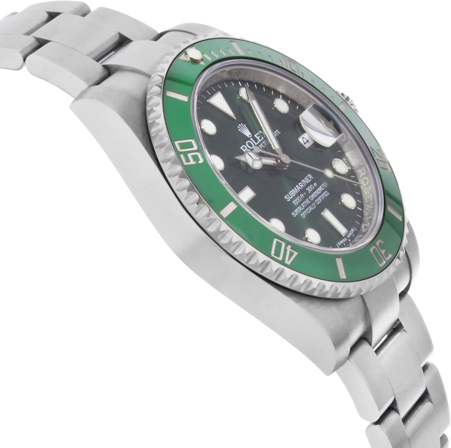 Green dial stainless steel watch with classic bezel design, luxury everyday wear — front