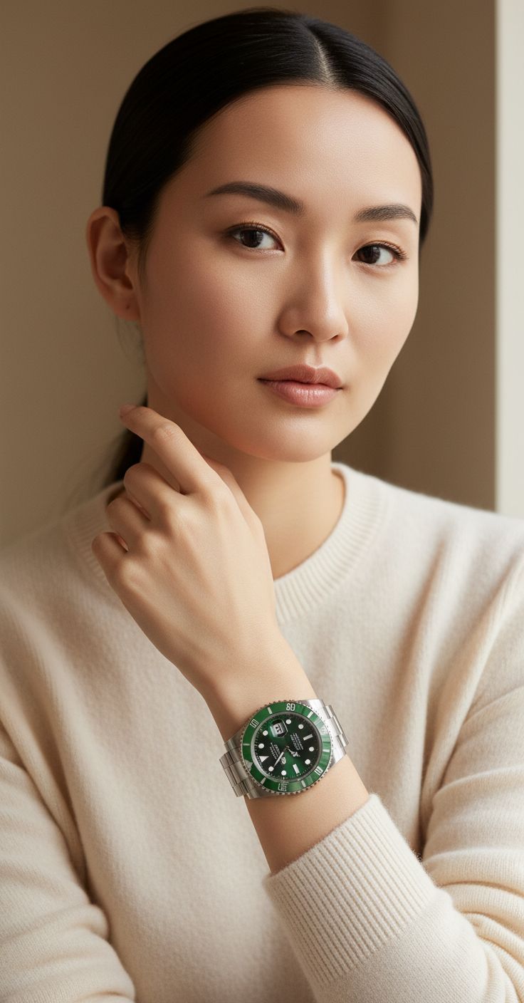 Green dial stainless steel watch with classic bezel design, luxury everyday wear — view 1