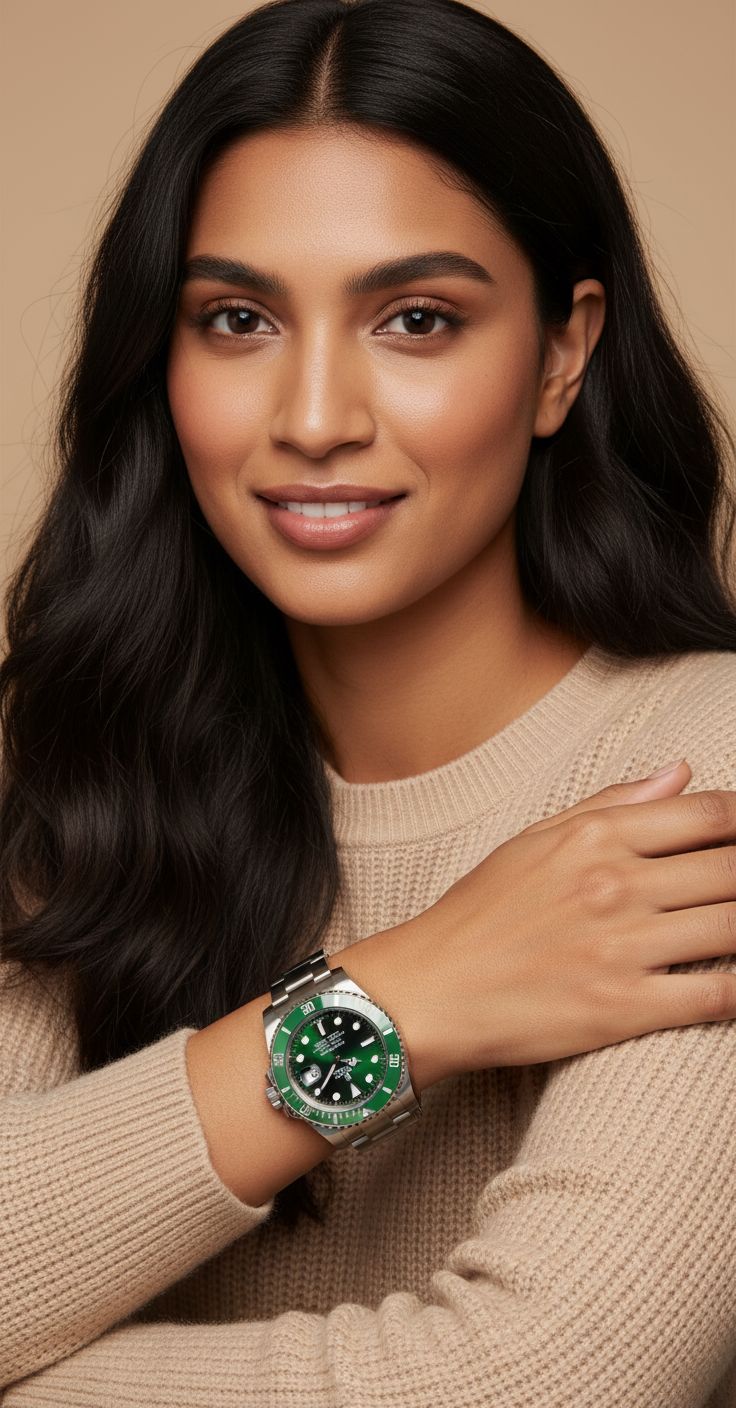 Green dial stainless steel watch with classic bezel design, luxury everyday wear — view 6