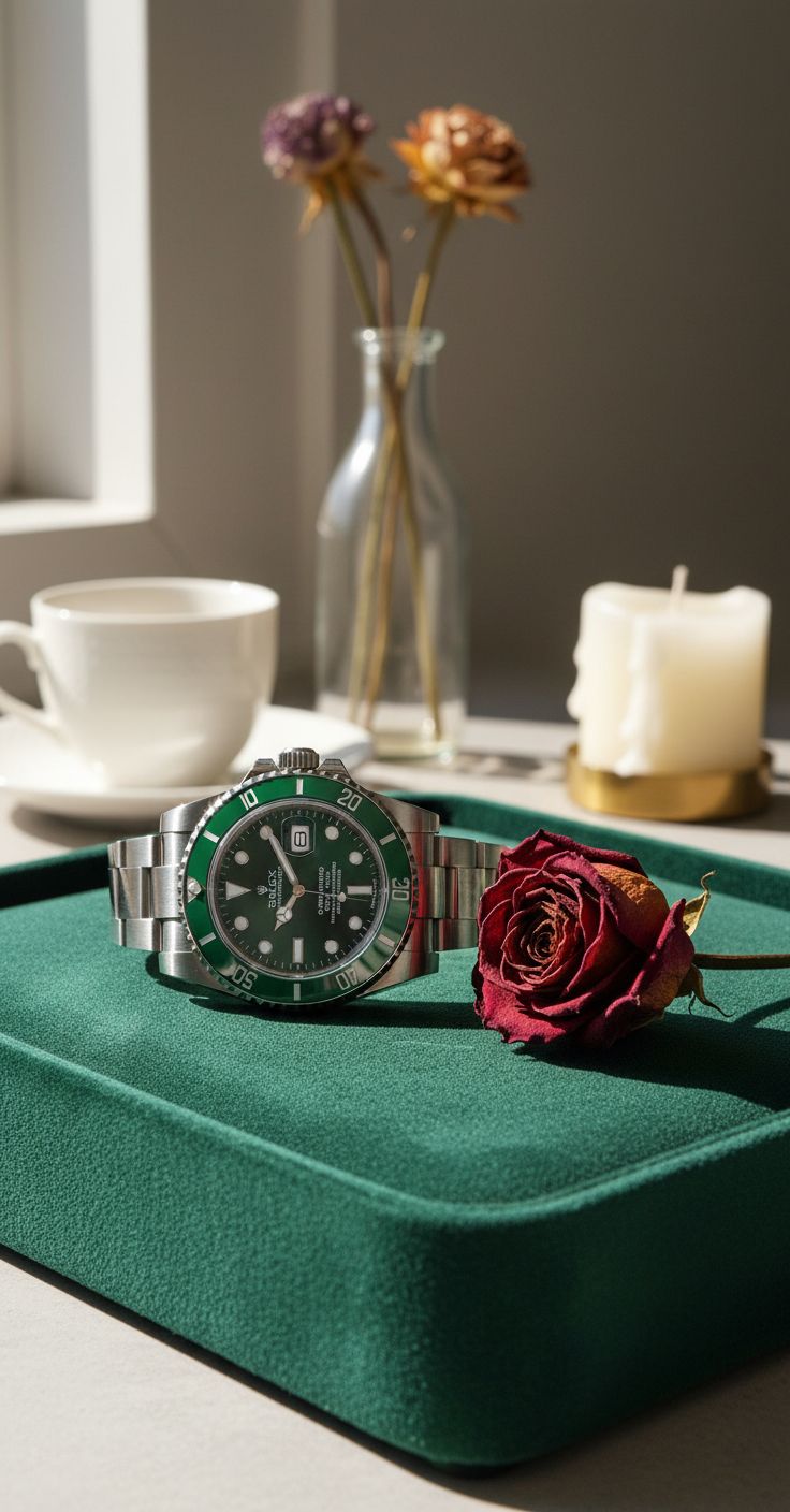 Green dial stainless steel watch with classic bezel design, luxury everyday wear — view 2