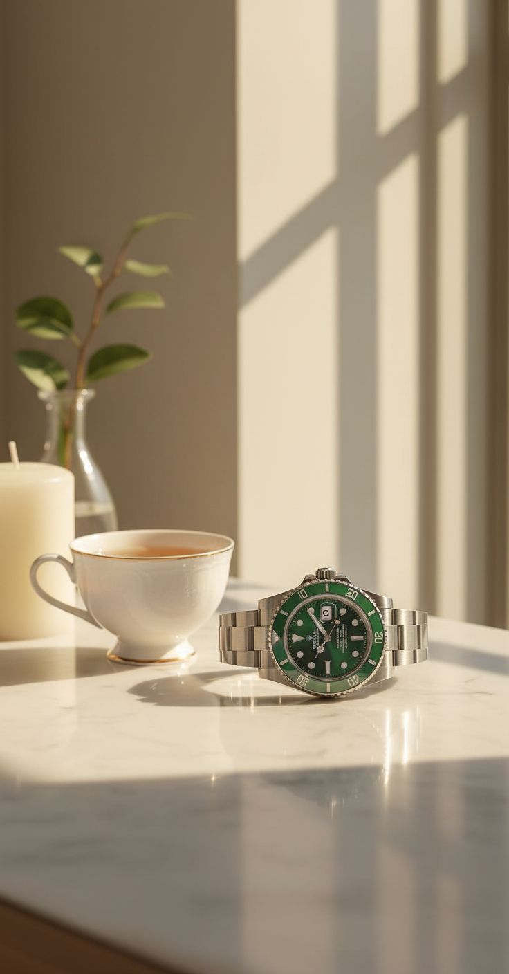 Green dial stainless steel watch with classic bezel design, luxury everyday wear — view 4
