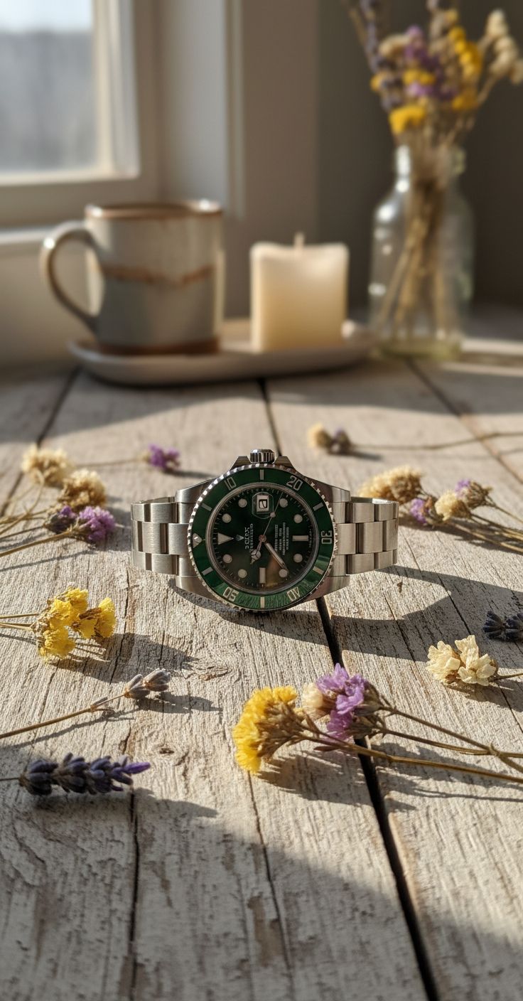 Green dial stainless steel watch with classic bezel design, luxury everyday wear — view 3