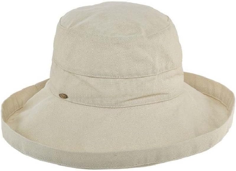 Wide-brim cotton sun hat in warm neutral tone with UPF 50+ rating — front