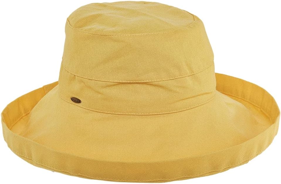 Wide-brim cotton sun hat in warm neutral tone with UPF 50+ rating — side