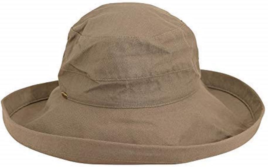 Wide-brim cotton sun hat in warm neutral tone with UPF 50+ rating — back