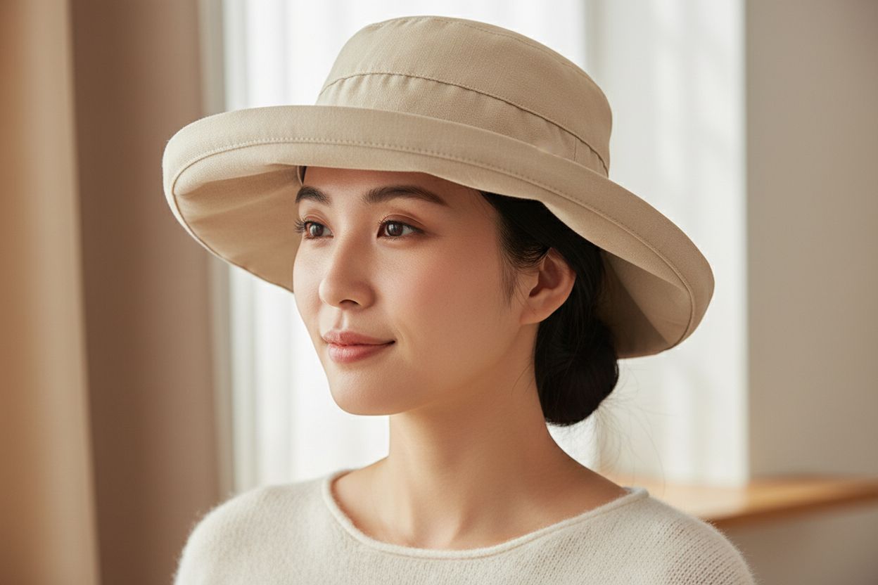 Wide-brim cotton sun hat in warm neutral tone with UPF 50+ rating — view 1