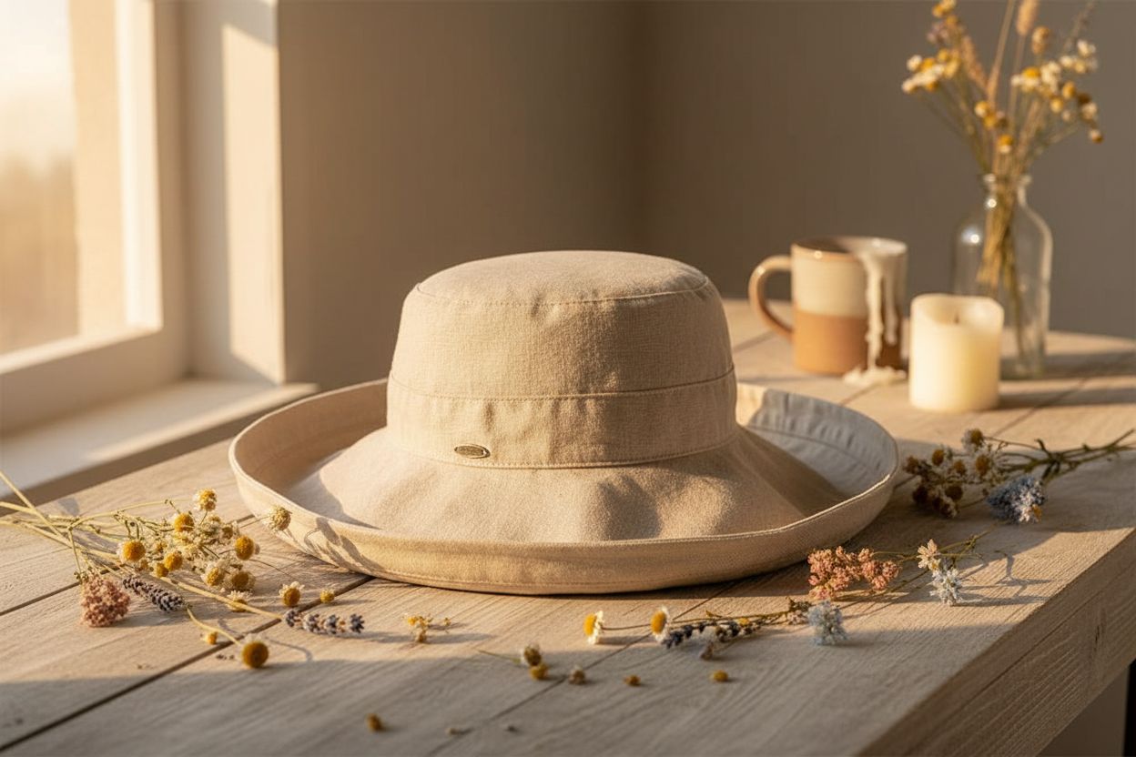 Wide-brim cotton sun hat in warm neutral tone with UPF 50+ rating — view 7