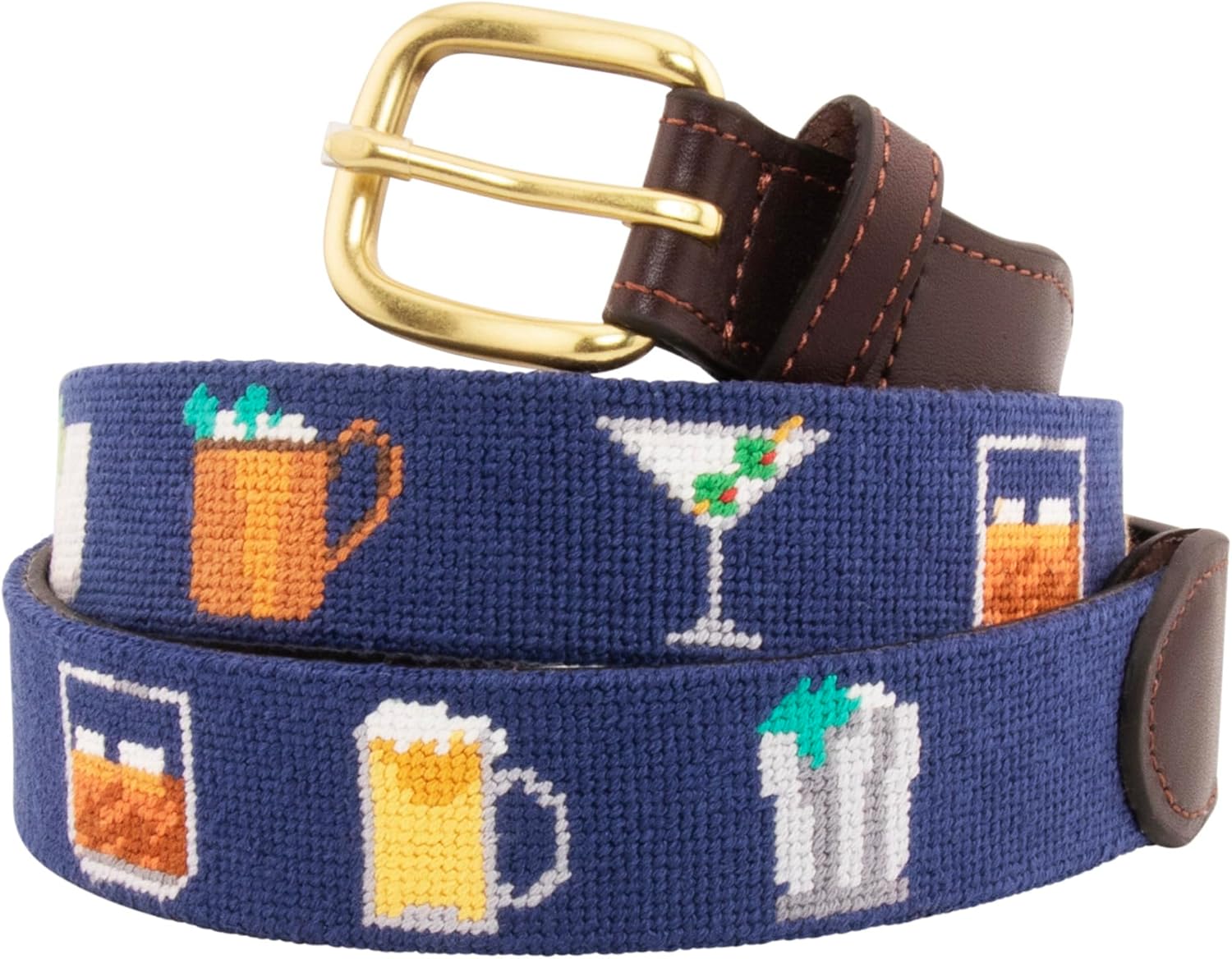 Full grain leather needlepoint belt for men with solid brass buckle — handmade — front