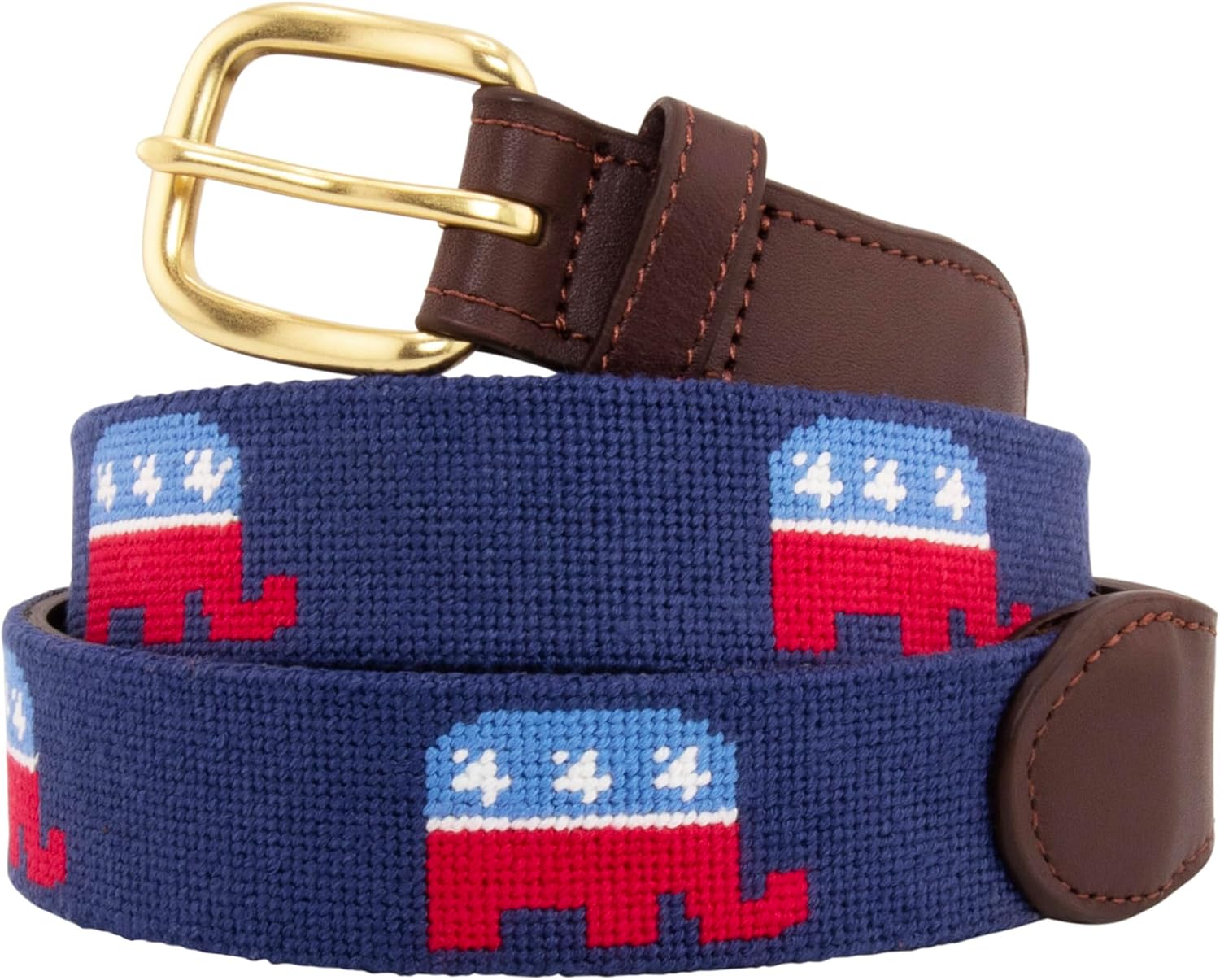 Full grain leather needlepoint belt for men with solid brass buckle — handmade — side