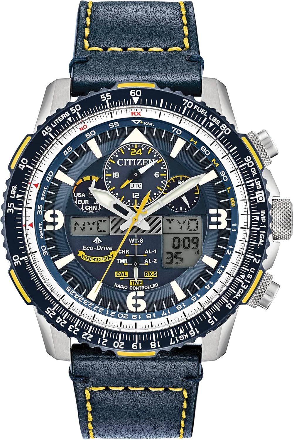Citizen Eco-Drive Promaster pilot watch in silver with blue leather strap — view 1
