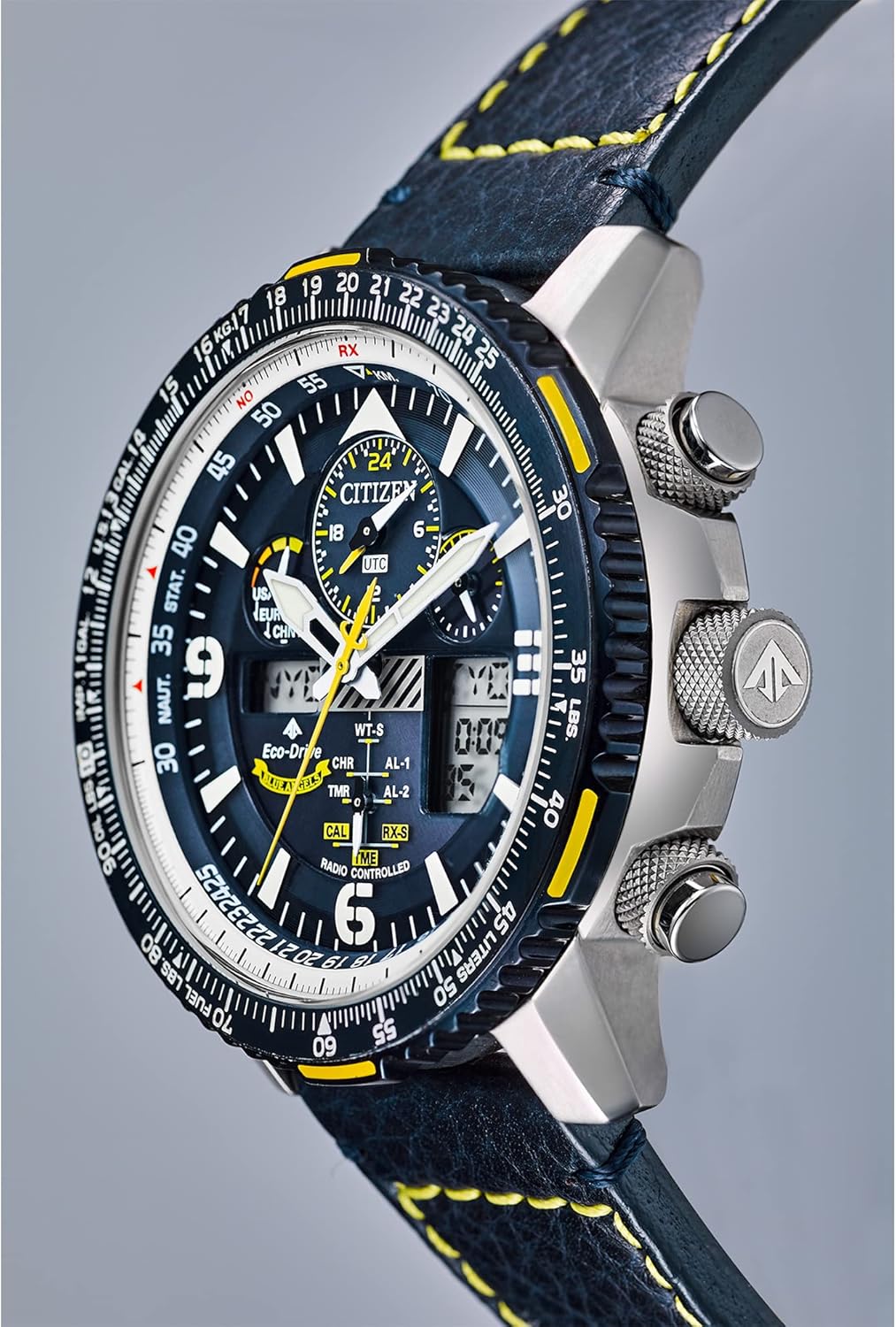 Citizen Eco-Drive Promaster pilot watch in silver with blue leather strap — view 4