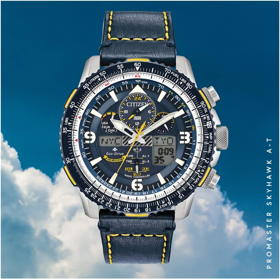 Citizen Eco-Drive Promaster pilot watch in silver with blue leather strap — front