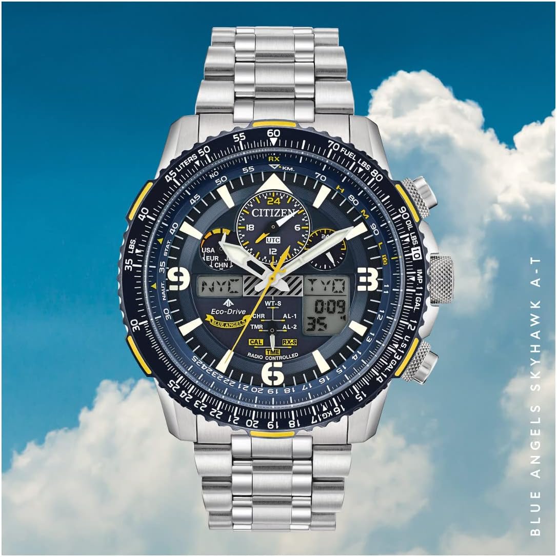 Citizen Eco-Drive Promaster pilot watch in silver with blue leather strap — side
