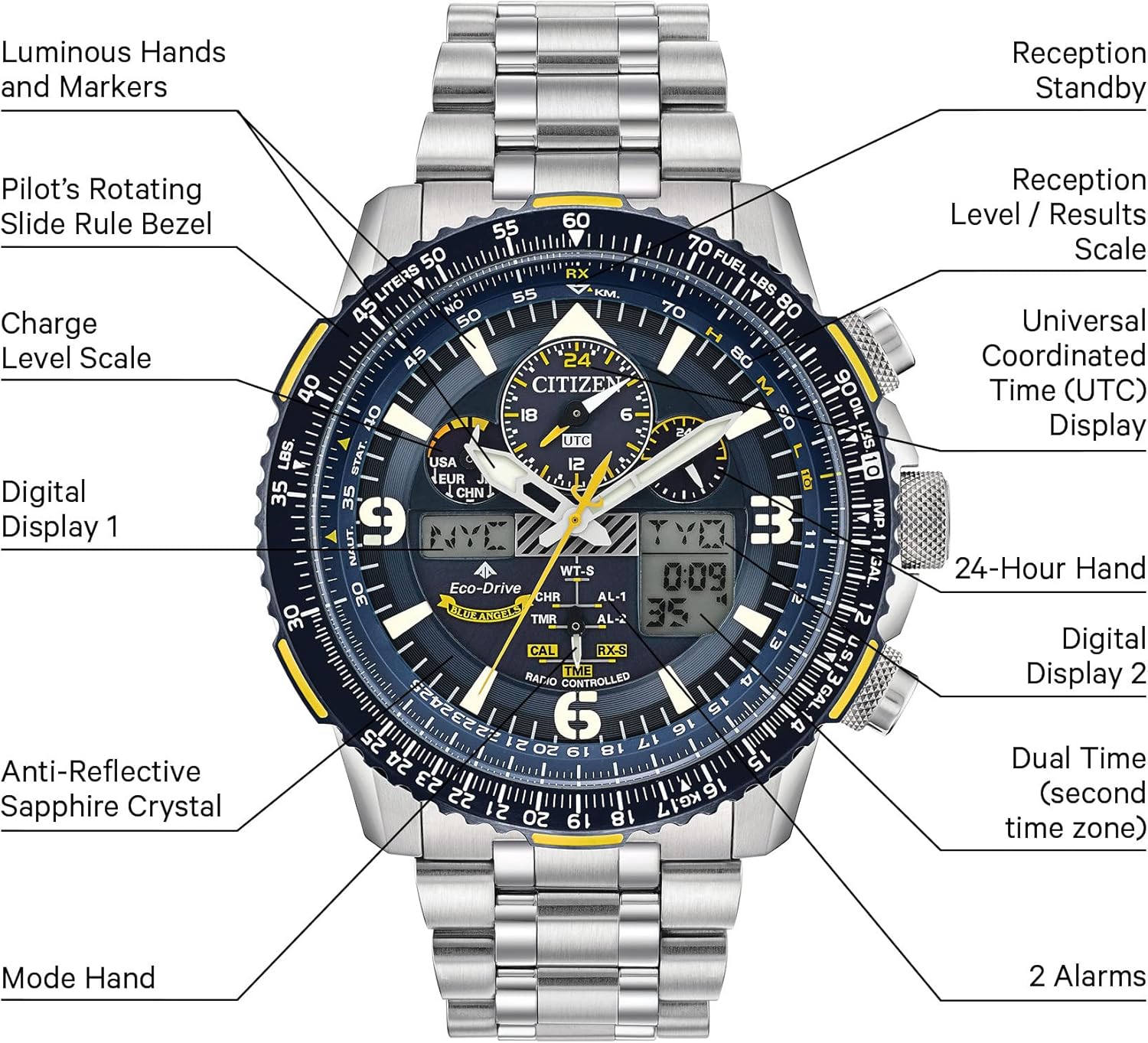 Citizen Eco-Drive Promaster pilot watch in silver with blue leather strap — detail