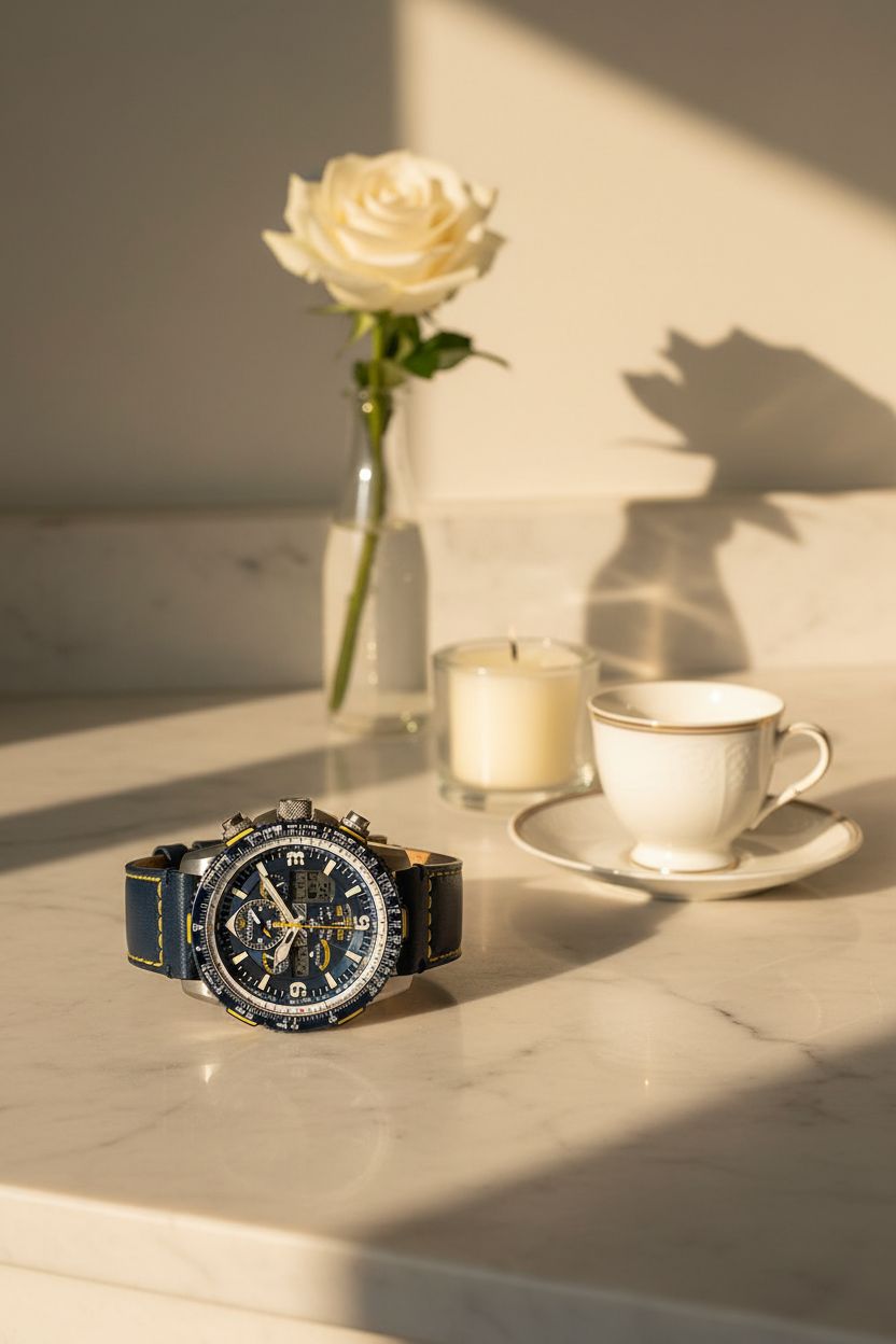 Citizen Eco-Drive Promaster pilot watch in silver with blue leather strap — view 3