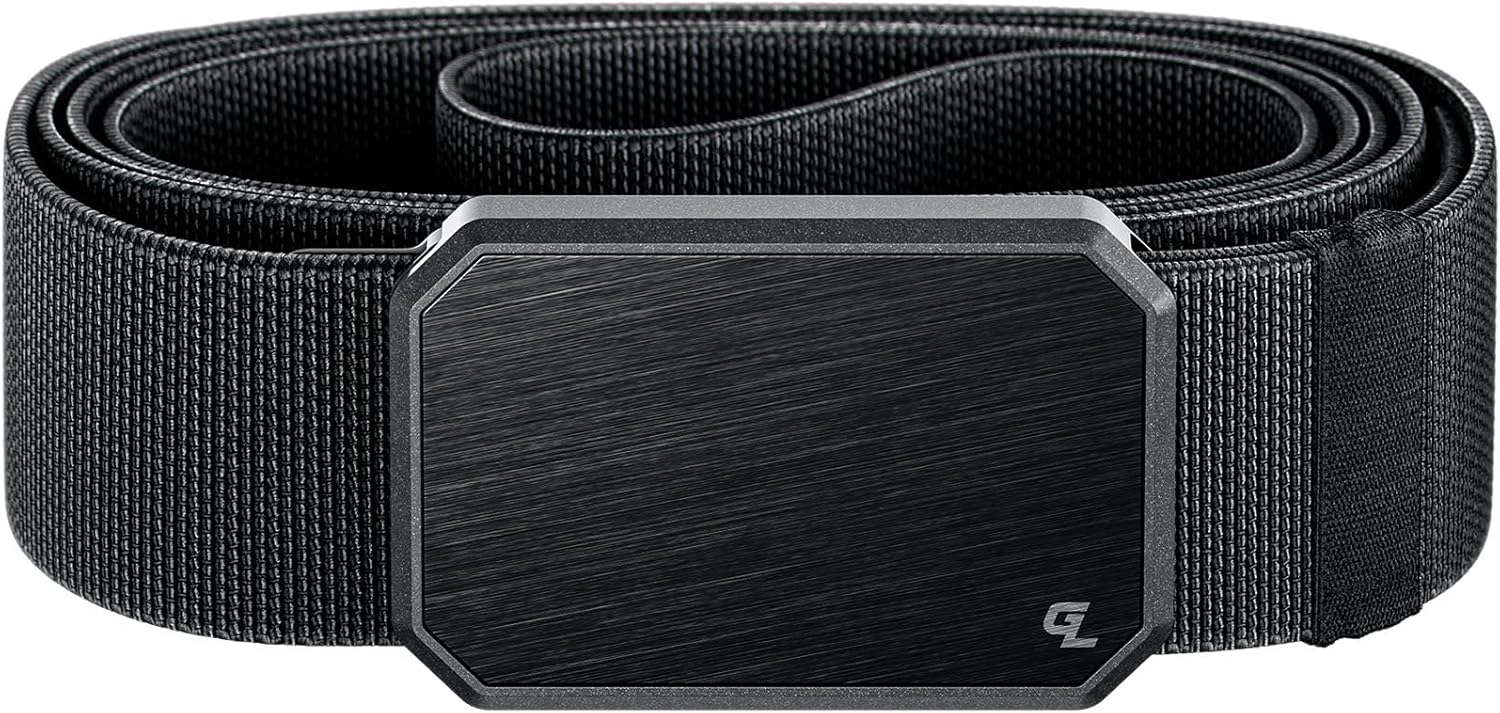 Black stretch nylon work belt with magnetic buckle, adjustable everyday carry — view 1