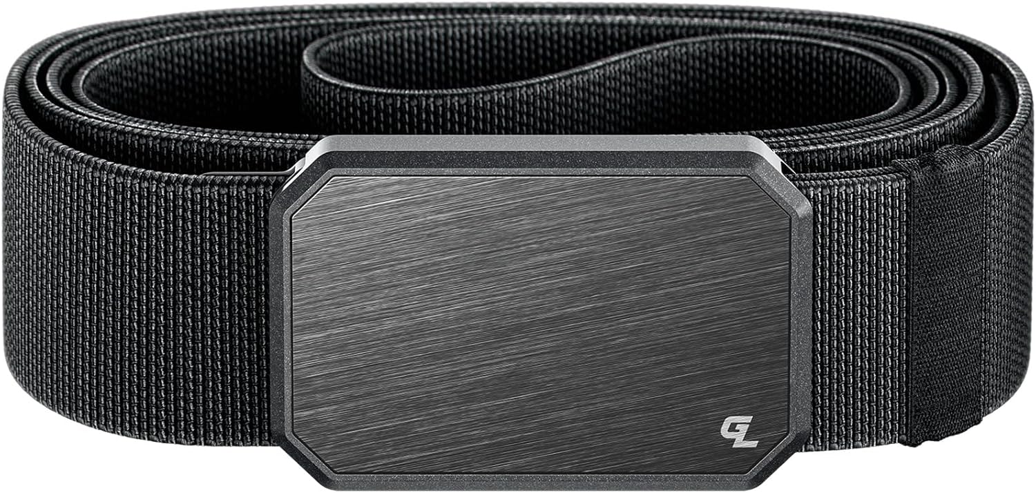 Black stretch nylon work belt with magnetic buckle, adjustable everyday carry — back