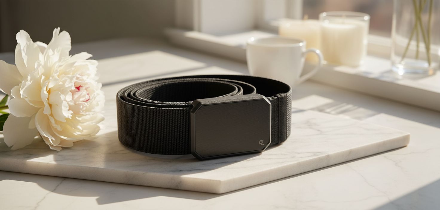 Black stretch nylon work belt with magnetic buckle, adjustable everyday carry — view 4