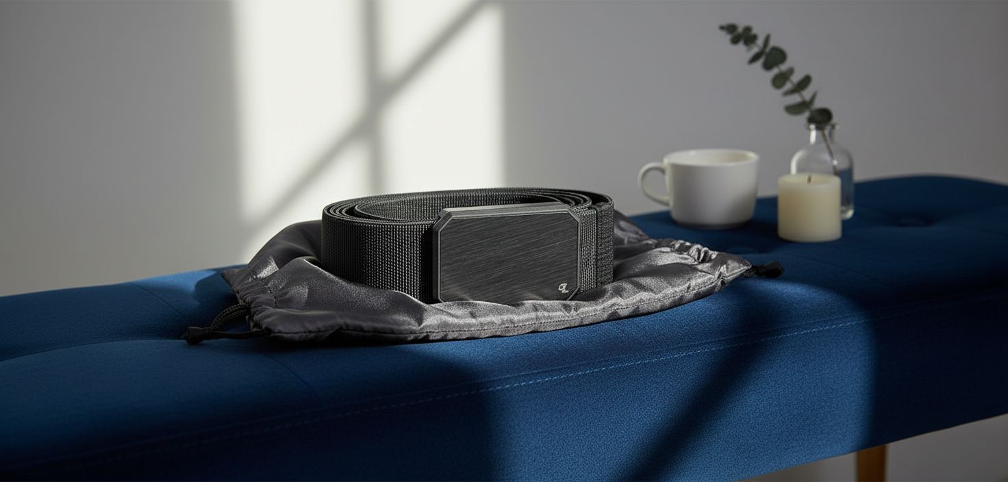 Black stretch nylon work belt with magnetic buckle, adjustable everyday carry — view 3