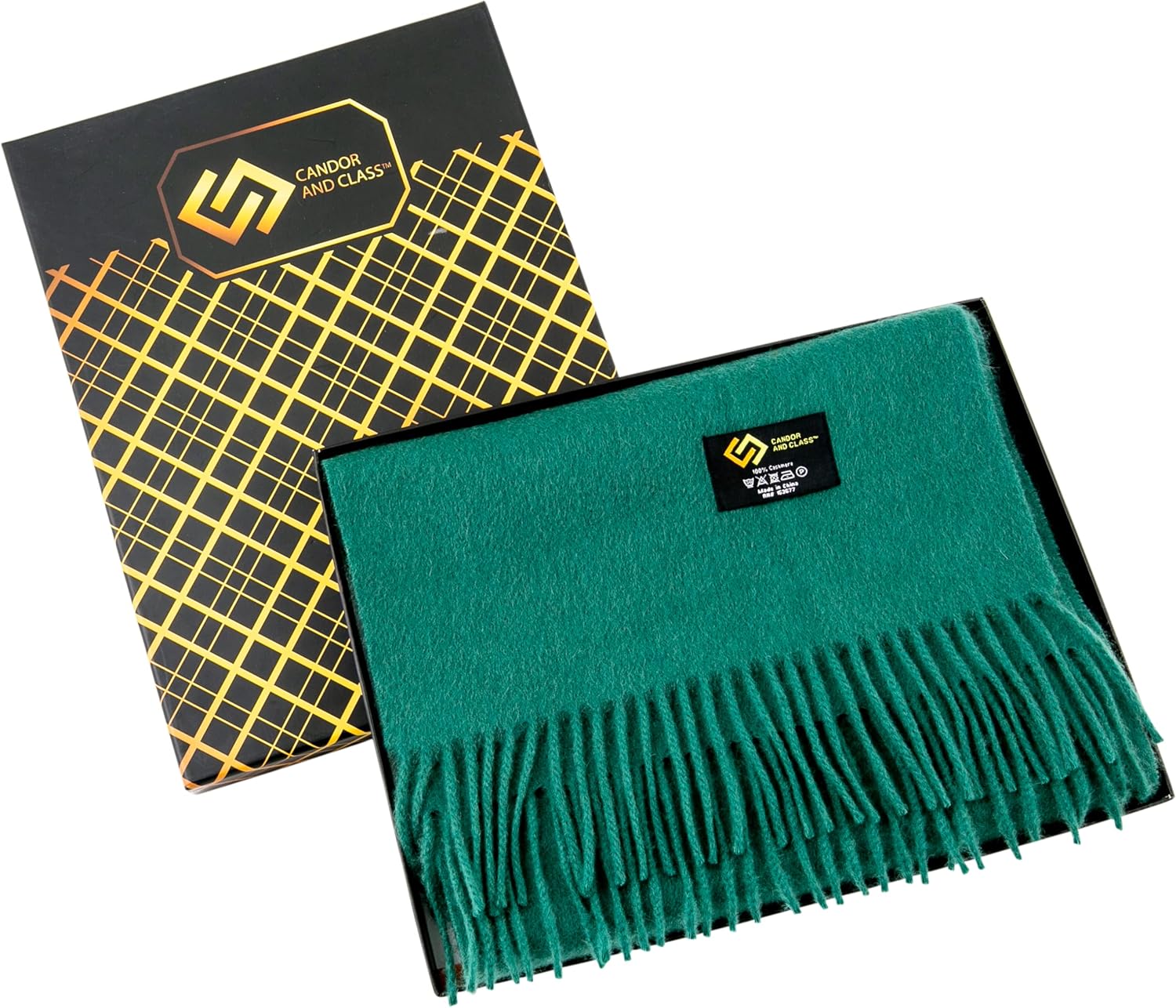 cashmere wrap scarf in neutral tones with classic plaid pattern — front