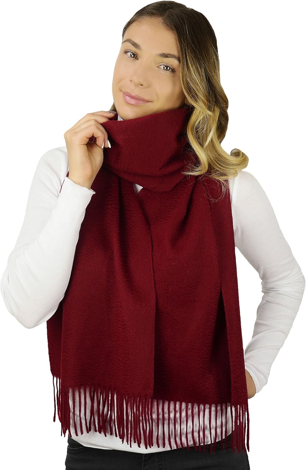 cashmere wrap scarf in neutral tones with classic plaid pattern — side