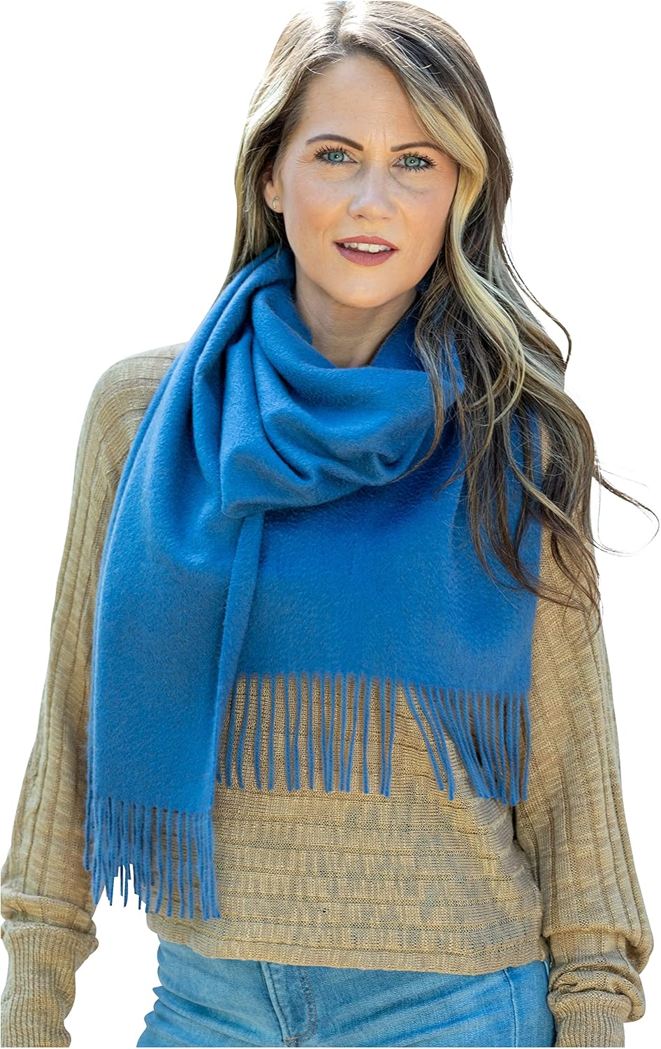 cashmere wrap scarf in neutral tones with classic plaid pattern — back