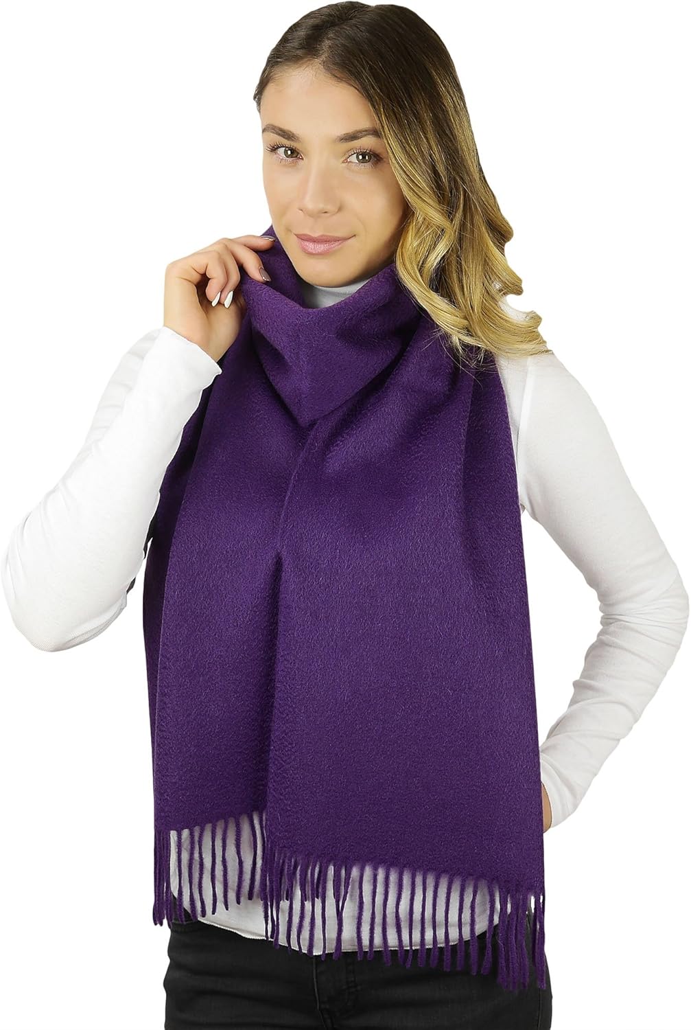 cashmere wrap scarf in neutral tones with classic plaid pattern — detail