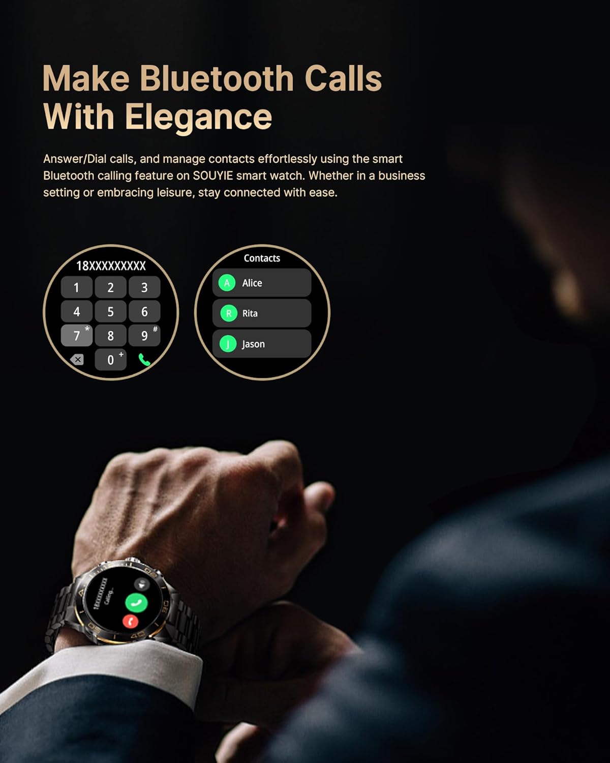 Black stainless steel smartwatch with 1.43 inch AMOLED display and dual straps — view 2