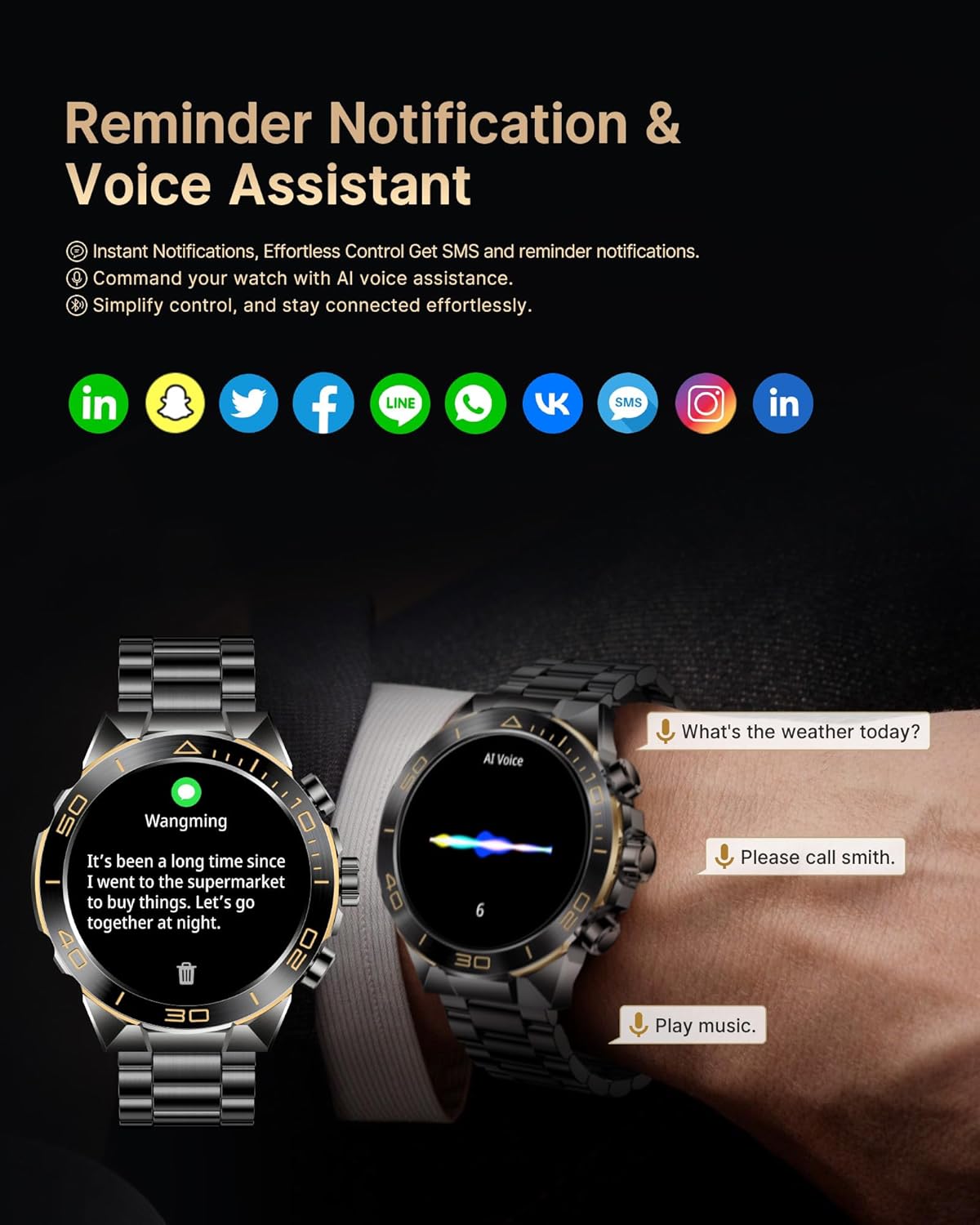Black stainless steel smartwatch with 1.43 inch AMOLED display and dual straps — view 3