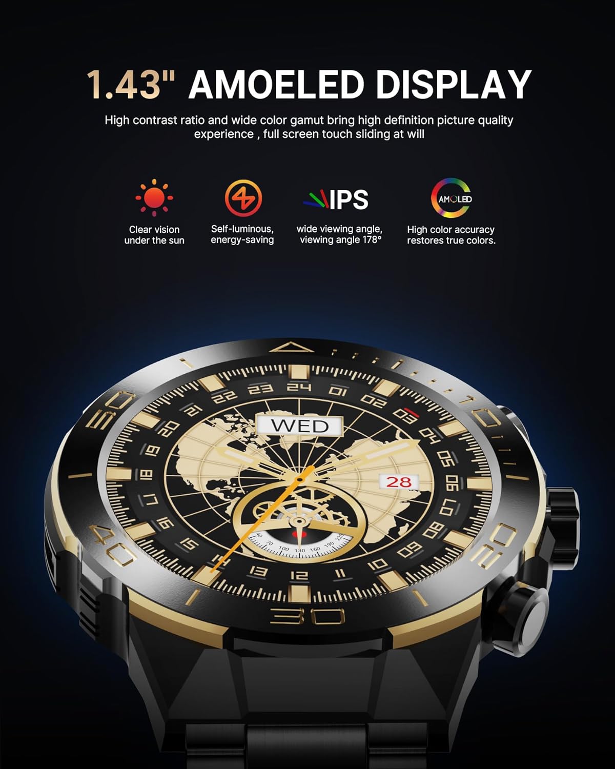 Black stainless steel smartwatch with 1.43 inch AMOLED display and dual straps — view 4