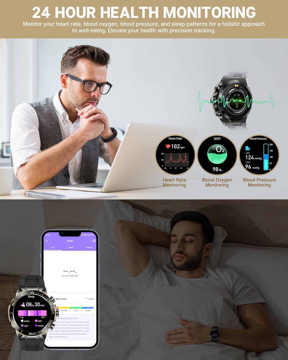 Black stainless steel smartwatch with 1.43 inch AMOLED display and dual straps — view 3