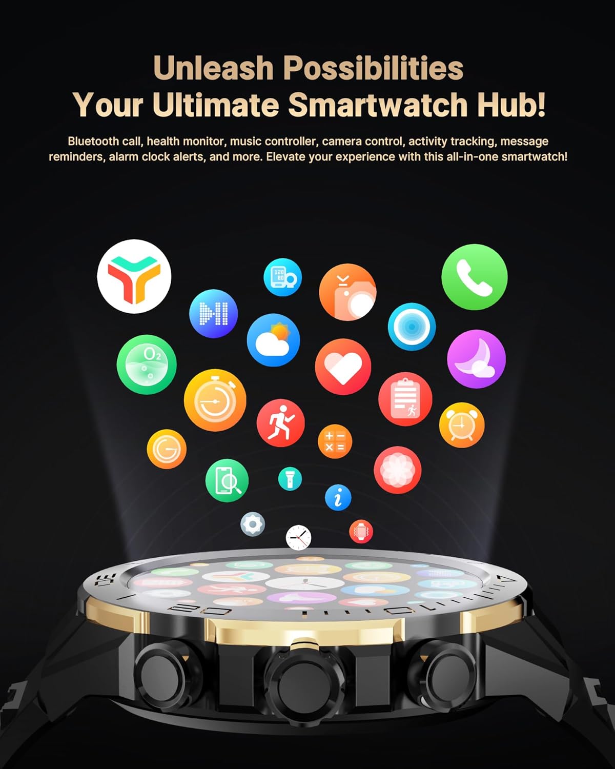 Black stainless steel smartwatch with 1.43 inch AMOLED display and dual straps — front