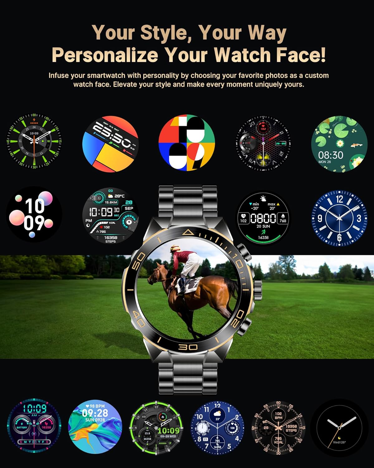 Black stainless steel smartwatch with 1.43 inch AMOLED display and dual straps — side