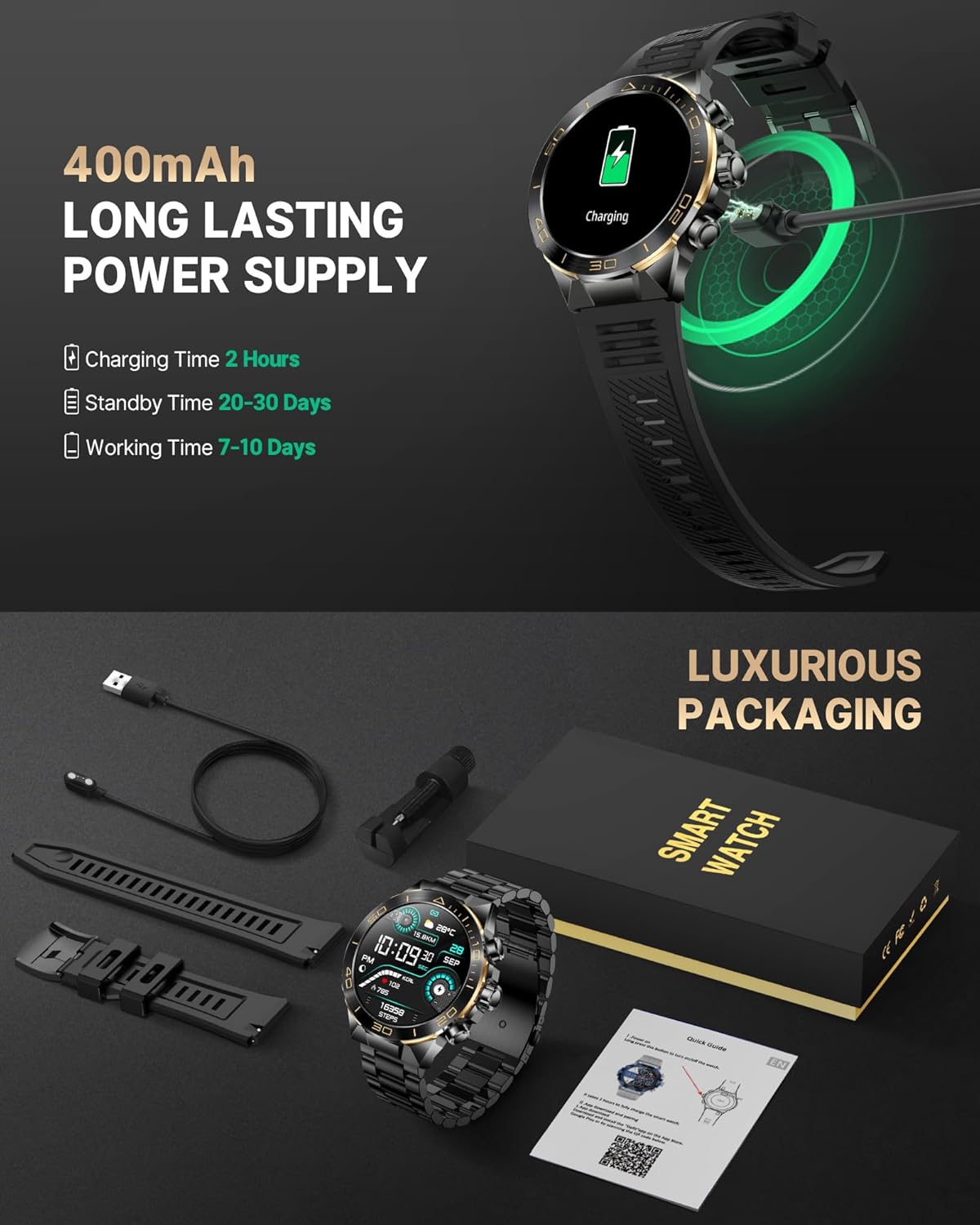 Black stainless steel smartwatch with 1.43 inch AMOLED display and dual straps — back