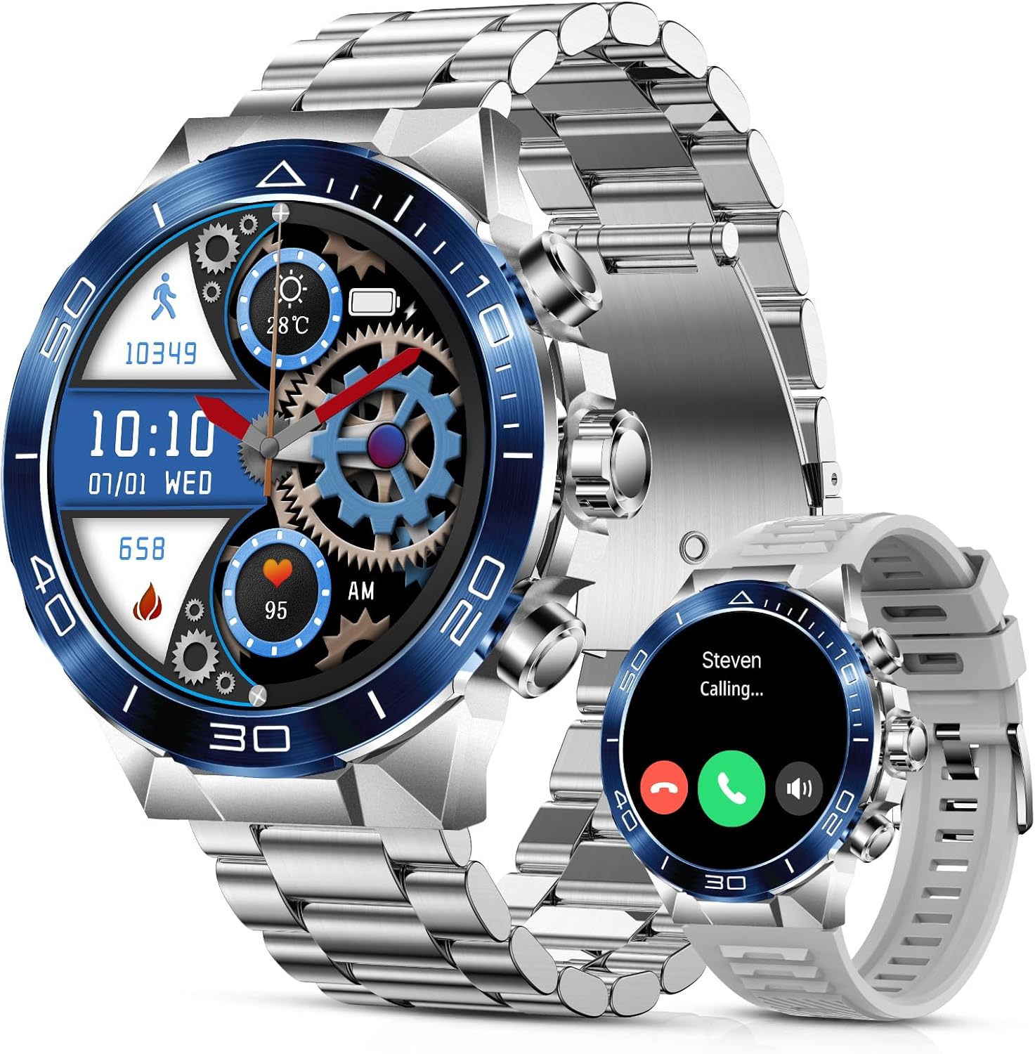 Black stainless steel smartwatch with 1.43 inch AMOLED display and dual straps — detail
