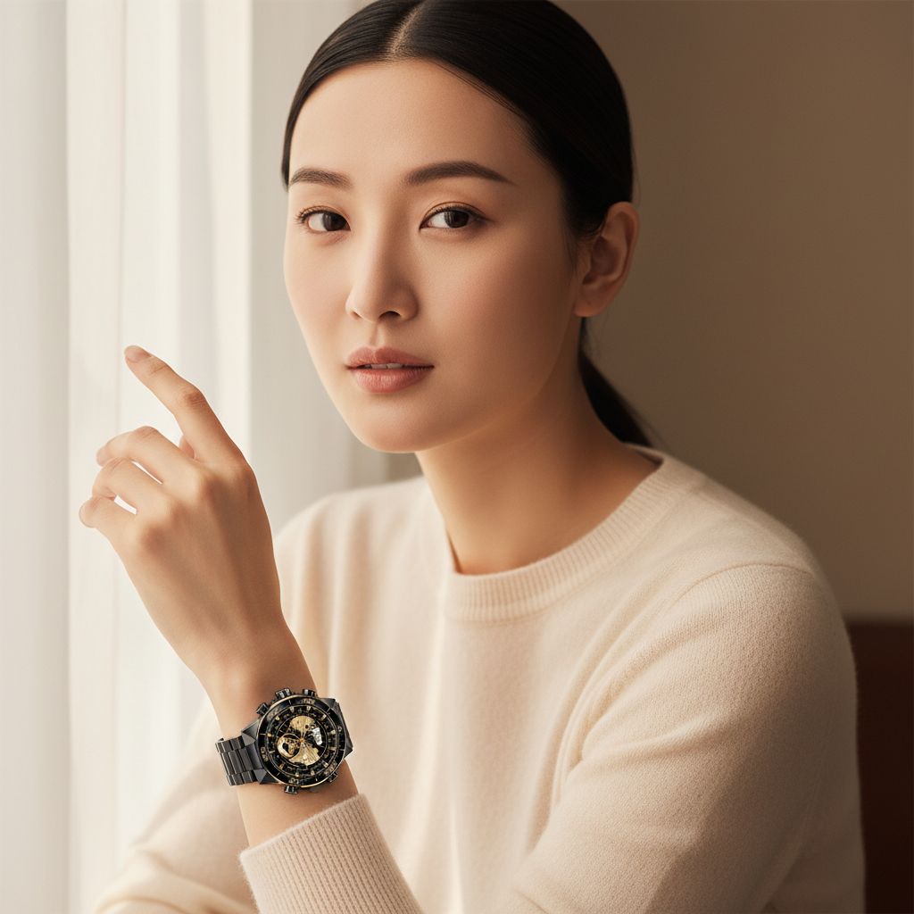 Black stainless steel smartwatch with 1.43 inch AMOLED display and dual straps — view 1