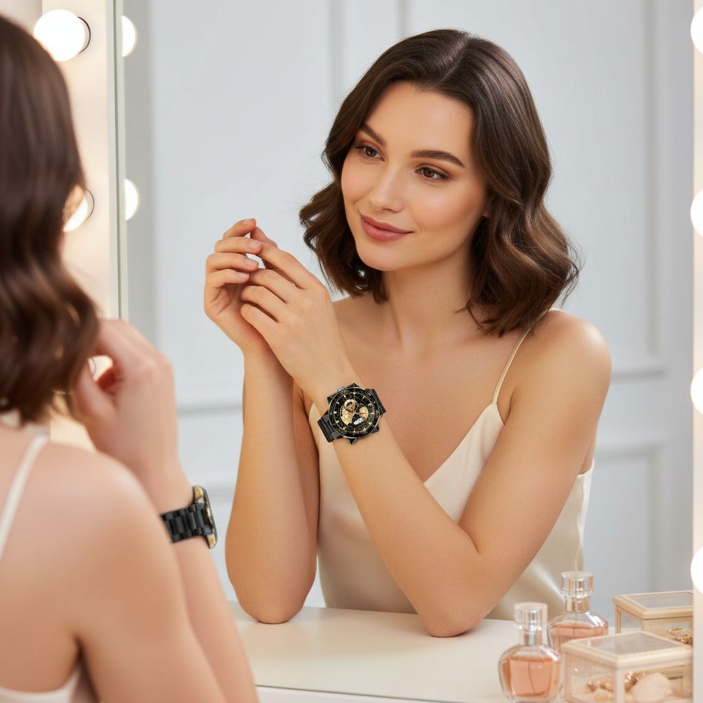 Black stainless steel smartwatch with 1.43 inch AMOLED display and dual straps — view 2