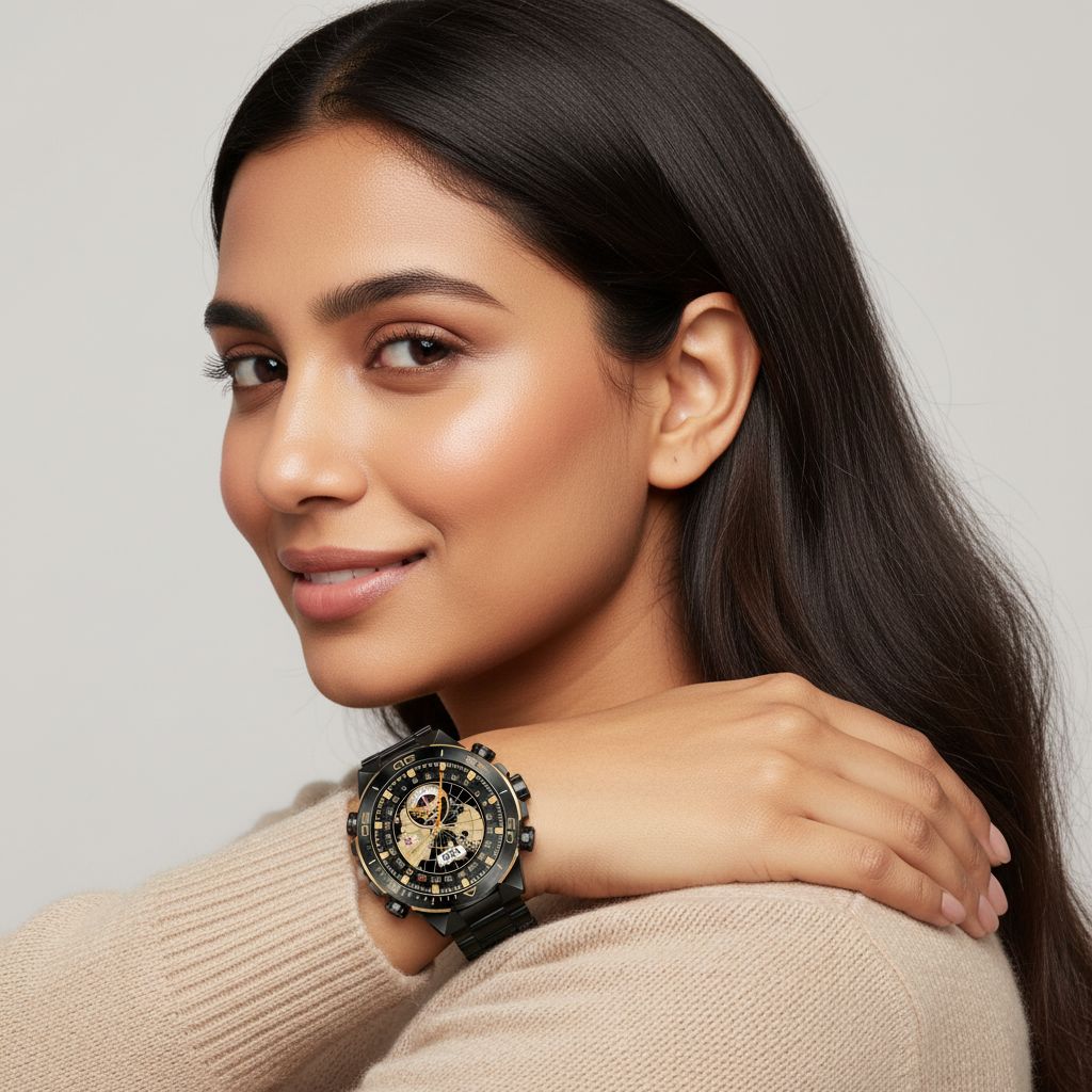 Black stainless steel smartwatch with 1.43 inch AMOLED display and dual straps — view 6