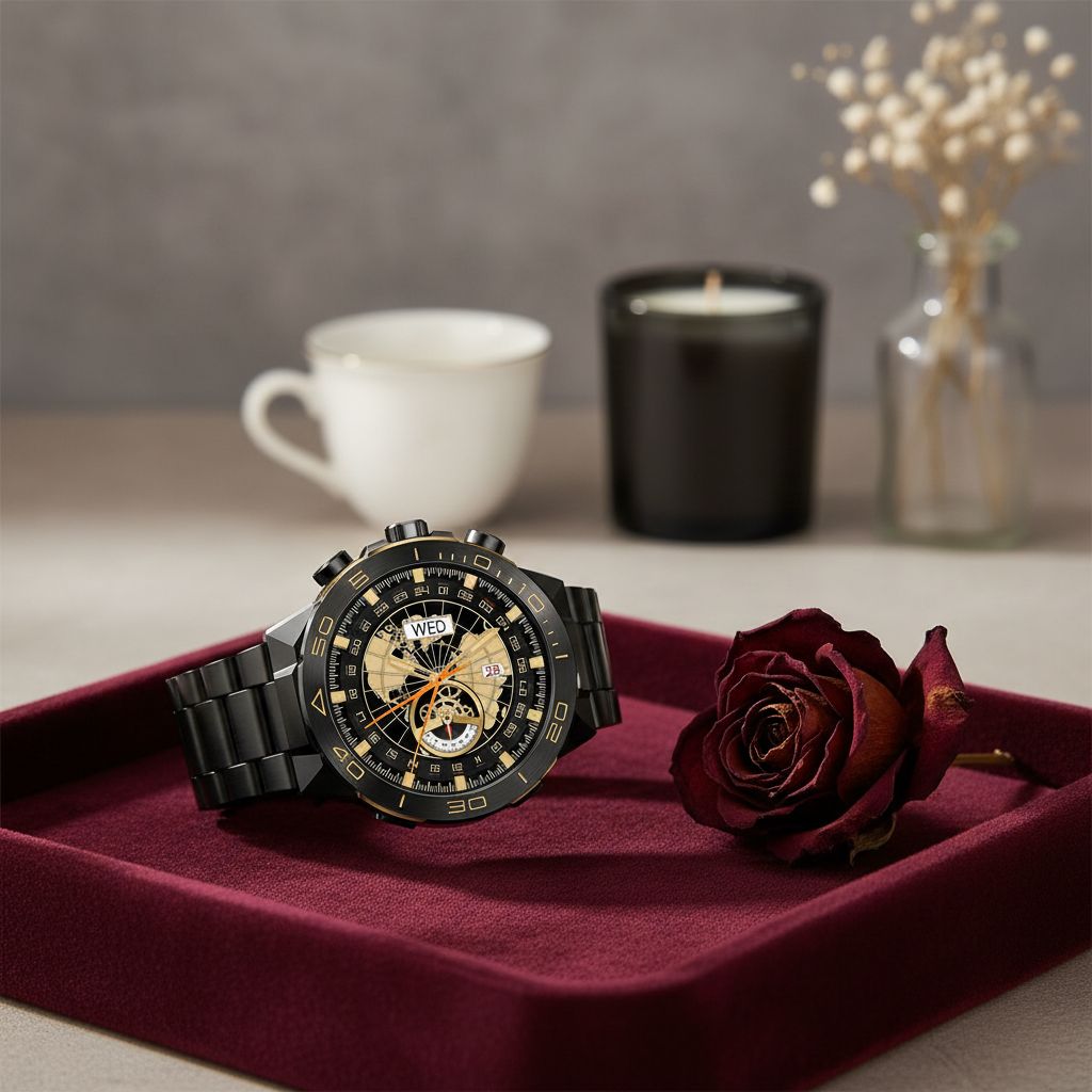 Black stainless steel smartwatch with 1.43 inch AMOLED display and dual straps — view 4