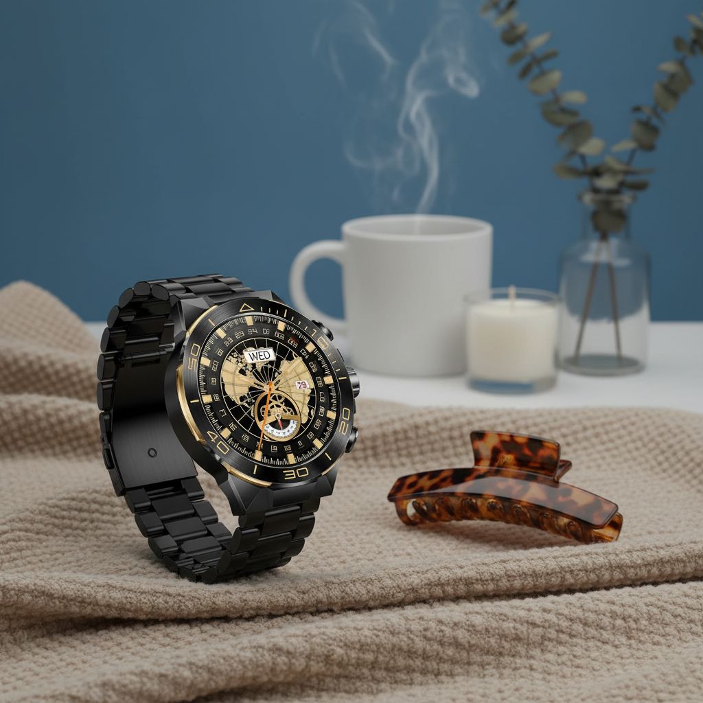 Black stainless steel smartwatch with 1.43 inch AMOLED display and dual straps — view 5