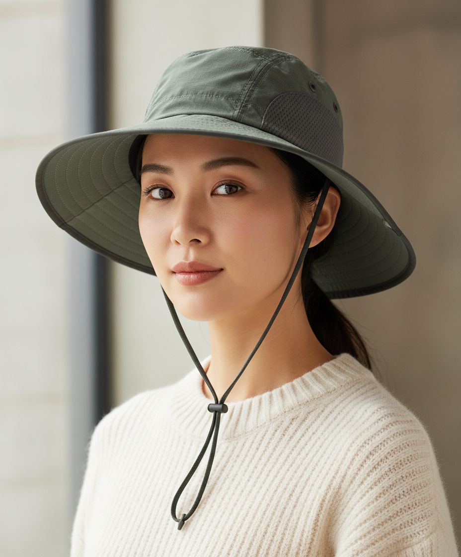 wide-brimmed sun hat in neutral tone — lightweight nylon blend — view 1